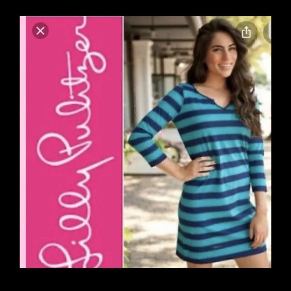 Womens XS Lilly Pulitzer Gretchen Shift Dress in Tropez Blue & Green 3/4 Sleeve